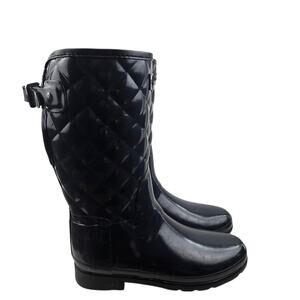 Hunter Gloss Quilted Mid Rain Boots Womens 8 Dark Blue Preppy Outdoor Waterproof